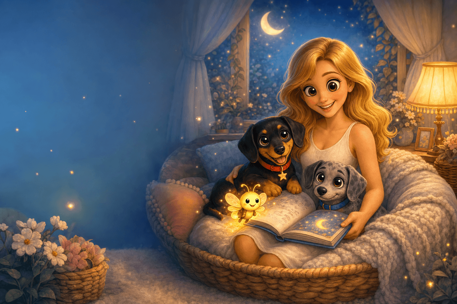 Verity reading a bedtime story with Daphne, Dolly, and Buddybug