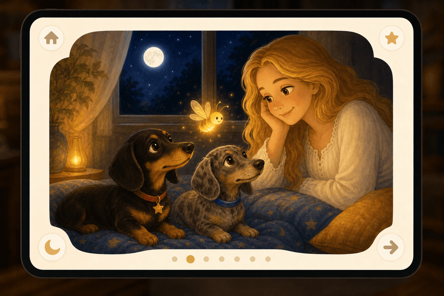 A tablet showing a BuddyBug bedtime story with Verity, Daphne, Dolly, and BuddyBug